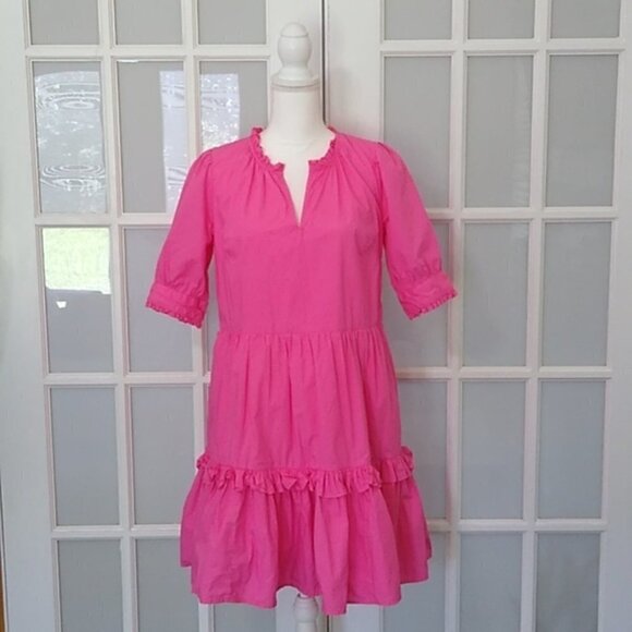 J. Crew Pink Ruffleneck Tiered Cotton 3/4 Sleeve Popover Dress - Picture 2 of 16
